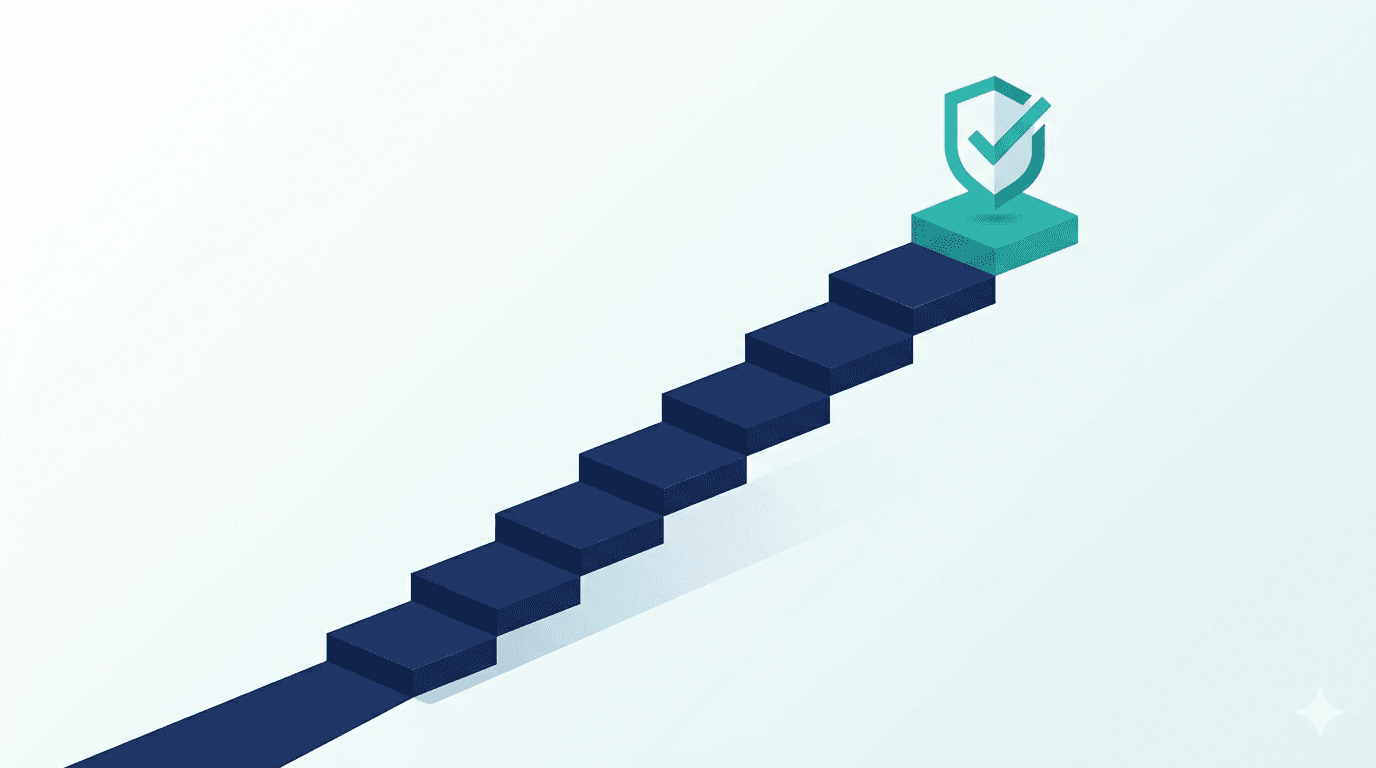 Eight ascending steps in dark blue with a teal shield and checkmark at the top — symbolizing the step-by-step path to NIS2 compliance